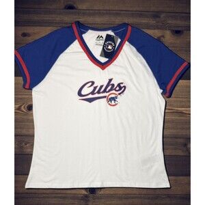 Chicago Cubs Genuine Merch Majestic Brand Womens Vneck Tshirt white/blue X-Large
